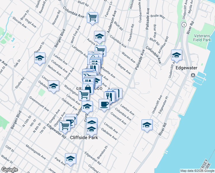 map of restaurants, bars, coffee shops, grocery stores, and more near 256 Grant Avenue in Cliffside Park