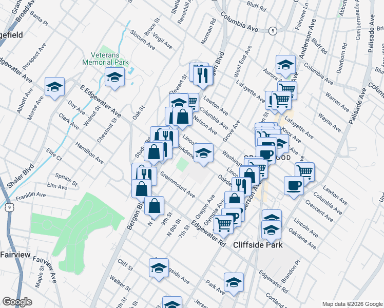 map of restaurants, bars, coffee shops, grocery stores, and more near 494 Oakdene Avenue in Cliffside Park