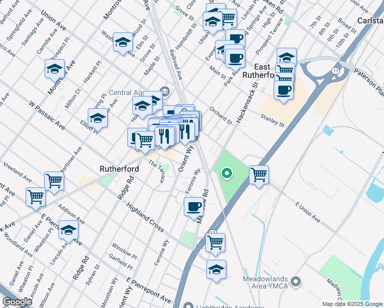 map of restaurants, bars, coffee shops, grocery stores, and more near 22 Orient Way in Rutherford
