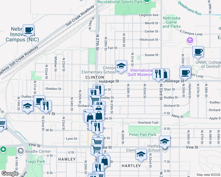 map of restaurants, bars, coffee shops, grocery stores, and more near 2921 Starr Street in Lincoln