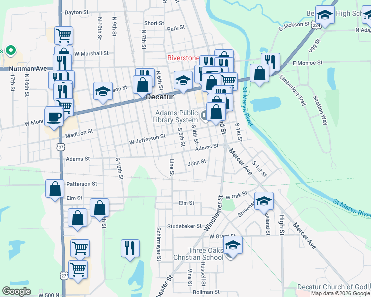 map of restaurants, bars, coffee shops, grocery stores, and more near 430 Adams Street in Decatur