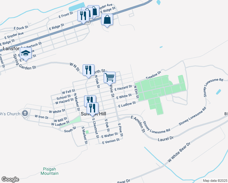 map of restaurants, bars, coffee shops, grocery stores, and more near 207 East Hazard Street in Summit Hill