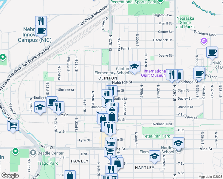 map of restaurants, bars, coffee shops, grocery stores, and more near 1345 North 27th Street in Lincoln