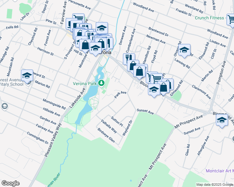 map of restaurants, bars, coffee shops, grocery stores, and more near 65 Park Avenue in Verona