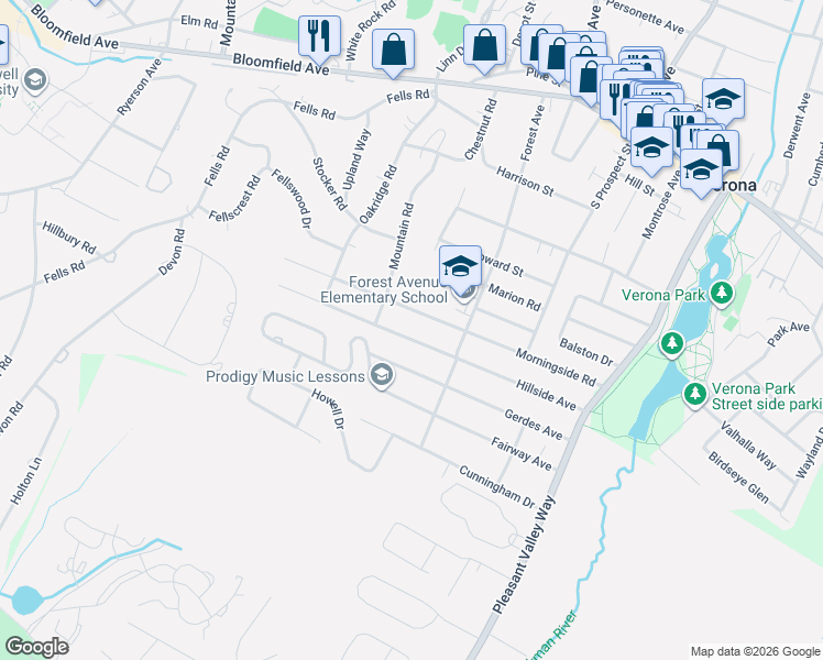 map of restaurants, bars, coffee shops, grocery stores, and more near 88 Hillside Avenue in Verona