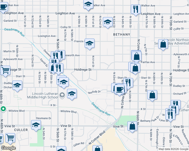map of restaurants, bars, coffee shops, grocery stores, and more near 1408 North 61st Street in Lincoln