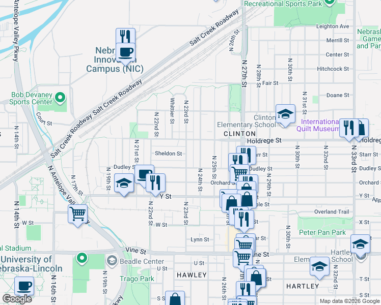 map of restaurants, bars, coffee shops, grocery stores, and more near 2297 Sheldon Street in Lincoln