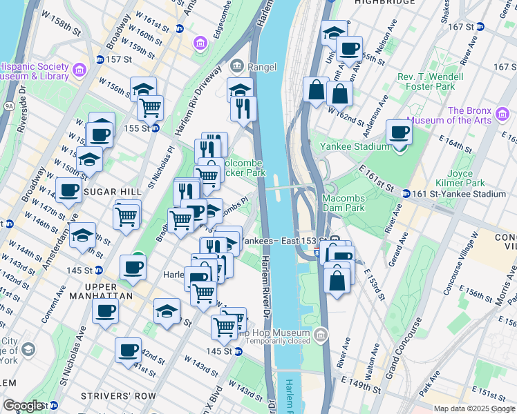 map of restaurants, bars, coffee shops, grocery stores, and more near 2053 Adam Clayton Powell Jr Blvd in New York
