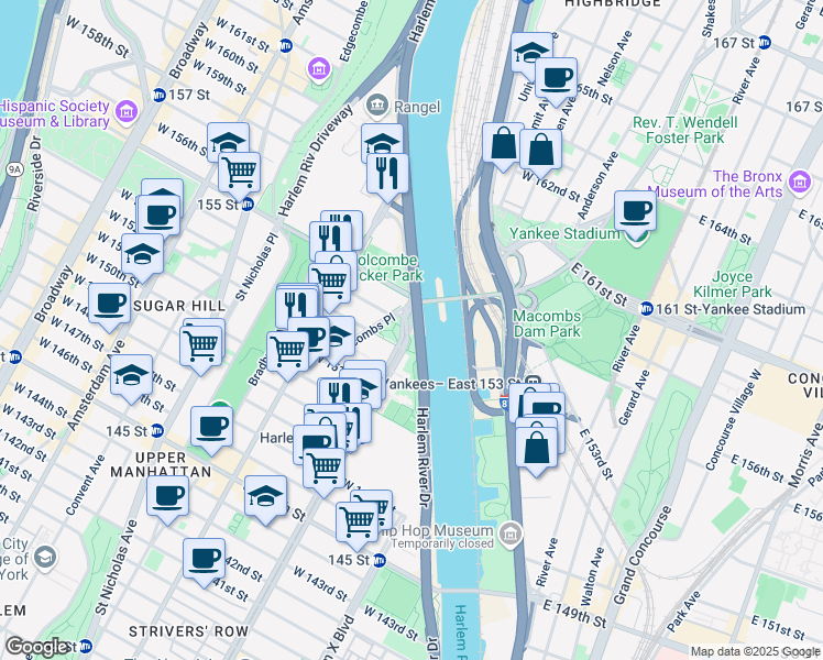 map of restaurants, bars, coffee shops, grocery stores, and more near 1949 Adam Clayton Powell Jr Blvd in New York