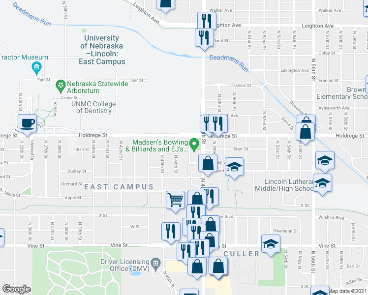 map of restaurants, bars, coffee shops, grocery stores, and more near 4630 Starr Street in Lincoln