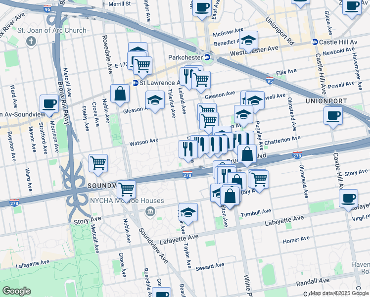map of restaurants, bars, coffee shops, grocery stores, and more near 1851 Bruckner Boulevard in The Bronx