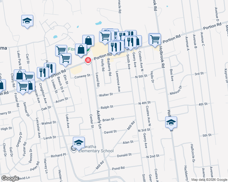 map of restaurants, bars, coffee shops, grocery stores, and more near 21 Walter Street in Holbrook