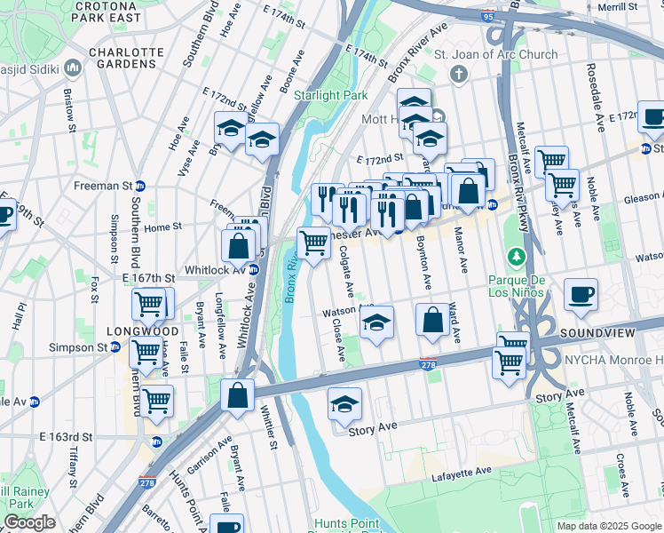 map of restaurants, bars, coffee shops, grocery stores, and more near 1148 Close Avenue in Bronx