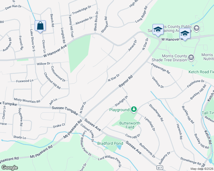 map of restaurants, bars, coffee shops, grocery stores, and more near 26 North Star Drive in Morristown