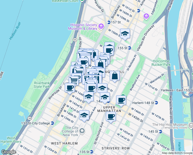 map of restaurants, bars, coffee shops, grocery stores, and more near 502 West 148th Street in New York