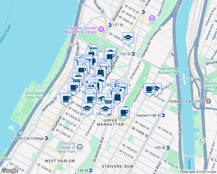 map of restaurants, bars, coffee shops, grocery stores, and more near 452 West 149th Street in New York