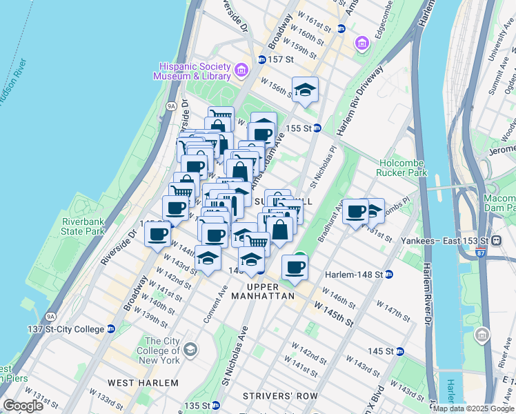 map of restaurants, bars, coffee shops, grocery stores, and more near 465 West 148th Street in New York