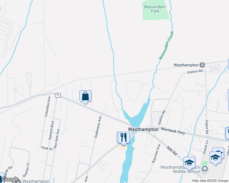 map of restaurants, bars, coffee shops, grocery stores, and more near 13 Beaver Lane West in Westhampton