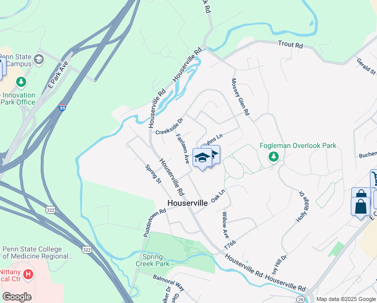 map of restaurants, bars, coffee shops, grocery stores, and more near 224 Fairlawn Avenue in State College
