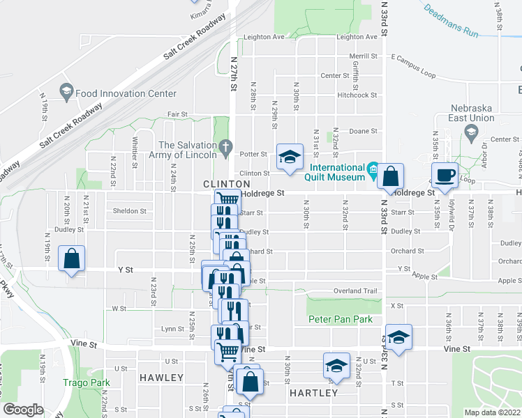 map of restaurants, bars, coffee shops, grocery stores, and more near 2834 Starr Street in Lincoln