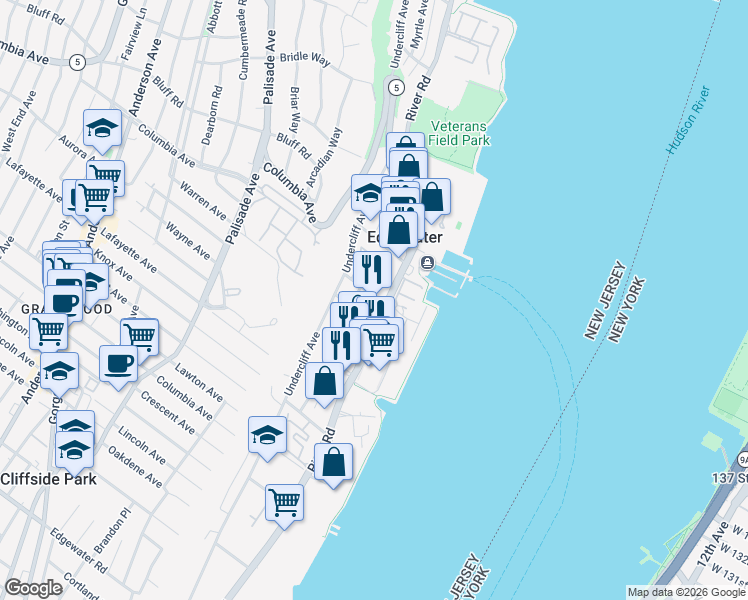 map of restaurants, bars, coffee shops, grocery stores, and more near 10 Dempsey Avenue in Edgewater