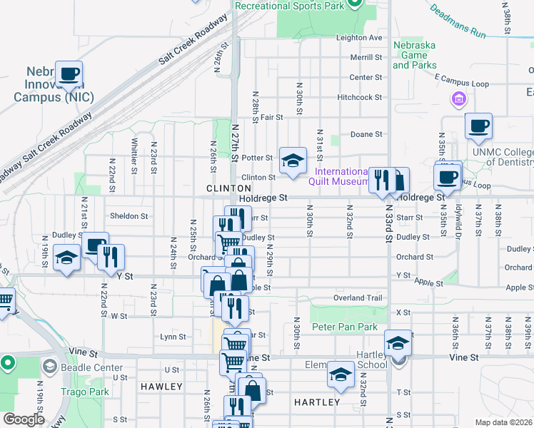 map of restaurants, bars, coffee shops, grocery stores, and more near 2921 Starr Street in Lincoln