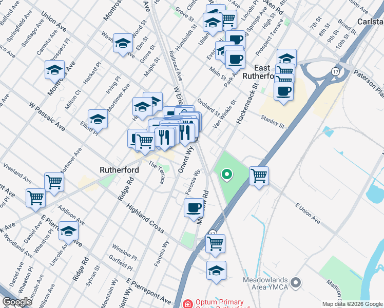 map of restaurants, bars, coffee shops, grocery stores, and more near 22 Orient Way in Rutherford