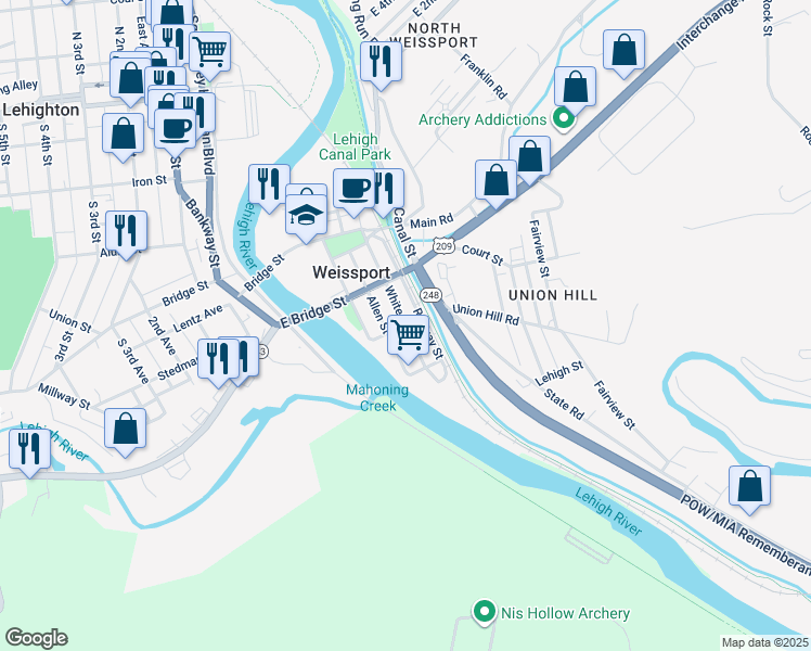 map of restaurants, bars, coffee shops, grocery stores, and more near Lime Street in Lehighton