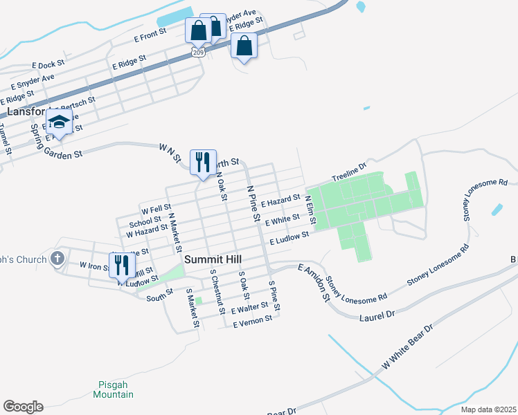 map of restaurants, bars, coffee shops, grocery stores, and more near 207 East Hazard Street in Summit Hill