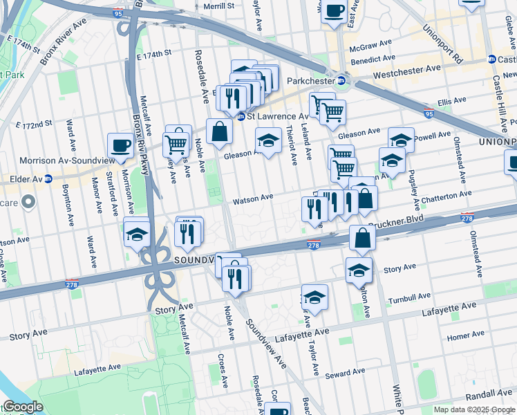 map of restaurants, bars, coffee shops, grocery stores, and more near 1780 Watson Avenue in Bronx