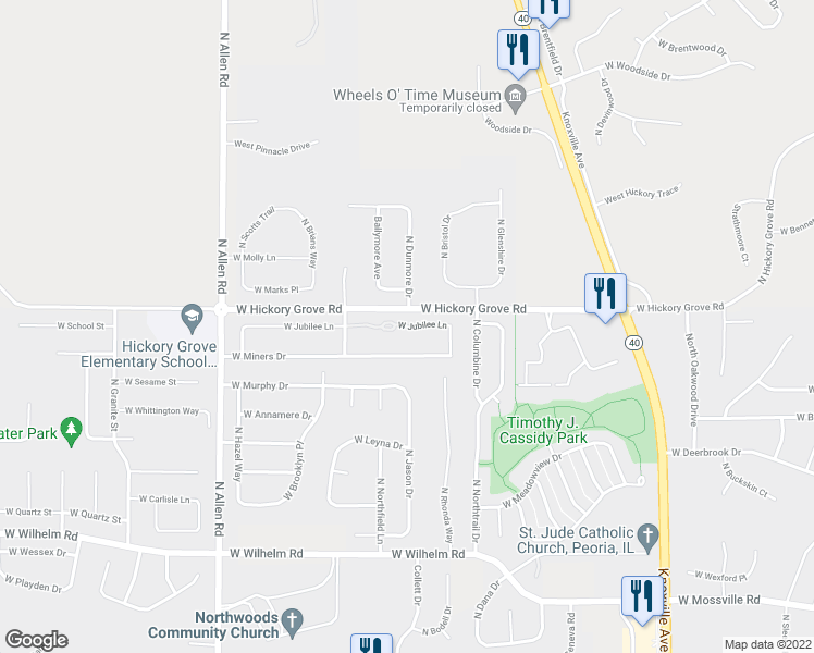 map of restaurants, bars, coffee shops, grocery stores, and more near 1920 West Jubilee Lane in Dunlap