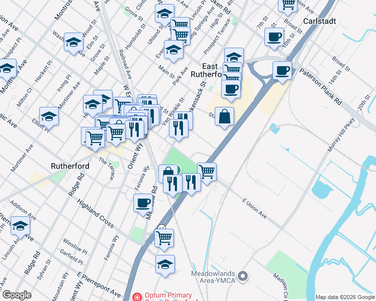 map of restaurants, bars, coffee shops, grocery stores, and more near 71 Union Avenue in East Rutherford