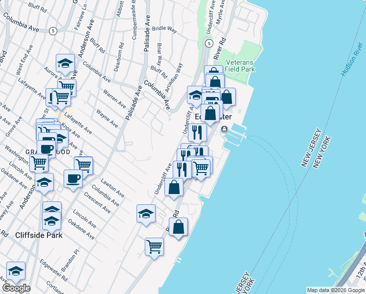 map of restaurants, bars, coffee shops, grocery stores, and more near in Edgewater