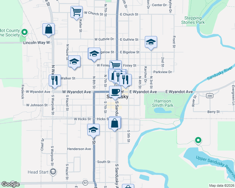 map of restaurants, bars, coffee shops, grocery stores, and more near in Upper Sandusky