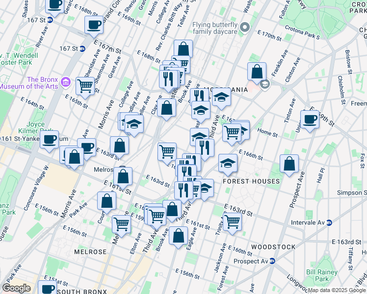 map of restaurants, bars, coffee shops, grocery stores, and more near 454 East 165th Street in Bronx
