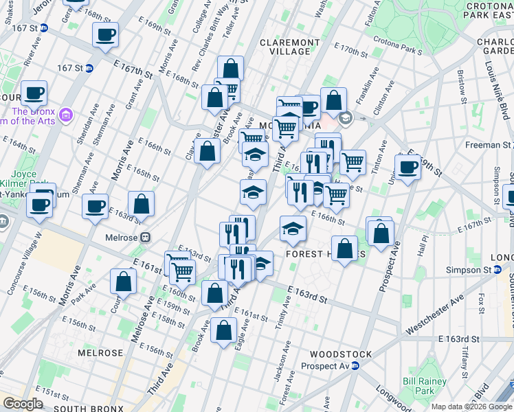 map of restaurants, bars, coffee shops, grocery stores, and more near 3361 3rd Avenue in The Bronx