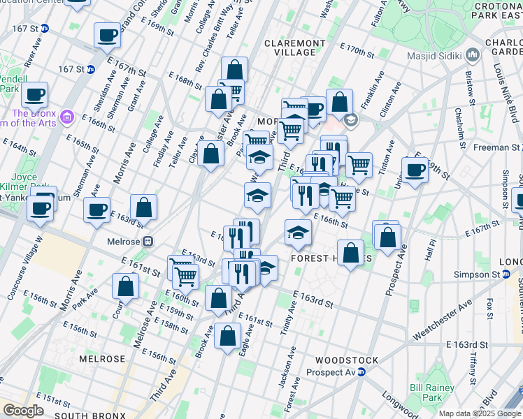 map of restaurants, bars, coffee shops, grocery stores, and more near 3361 3rd Avenue in The Bronx
