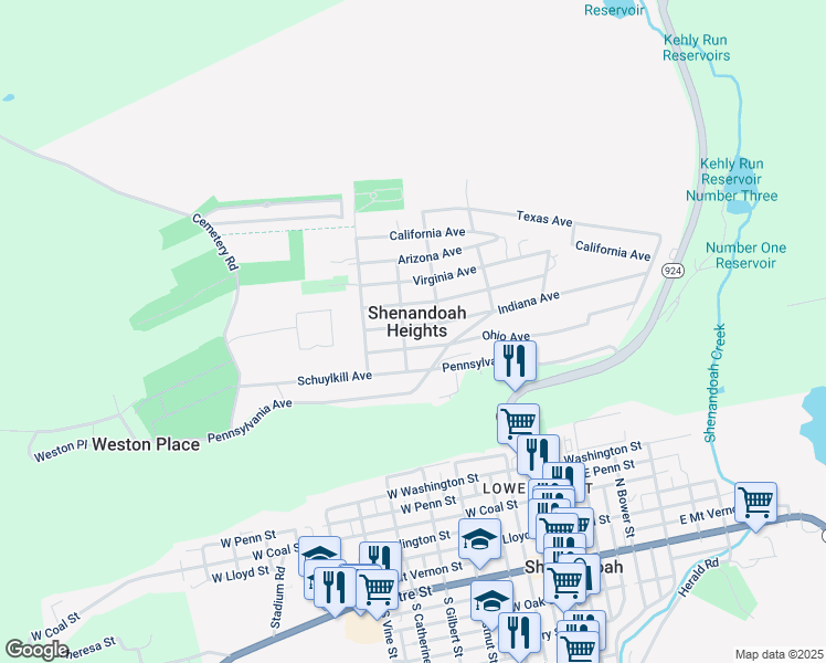 map of restaurants, bars, coffee shops, grocery stores, and more near 240 Indiana Avenue in Shenandoah