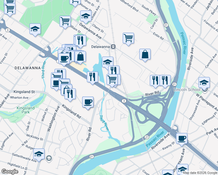 map of restaurants, bars, coffee shops, grocery stores, and more near 158 River Road in Clifton