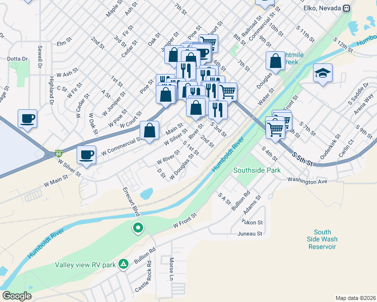 map of restaurants, bars, coffee shops, grocery stores, and more near 240 South 1st Street in Elko