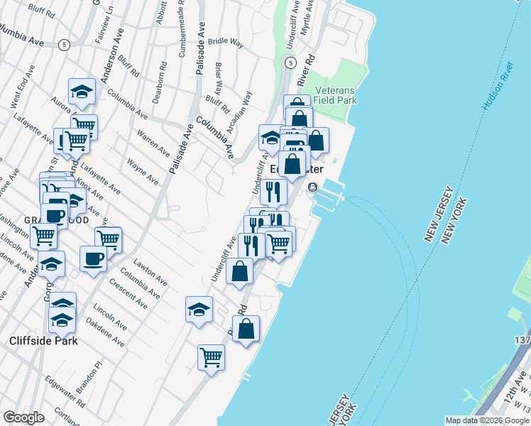 map of restaurants, bars, coffee shops, grocery stores, and more near 10 Dempsey Avenue in Edgewater