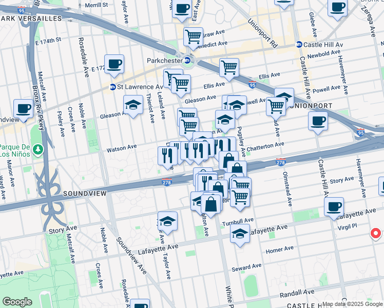 map of restaurants, bars, coffee shops, grocery stores, and more near 1045 White Plains Road in The Bronx