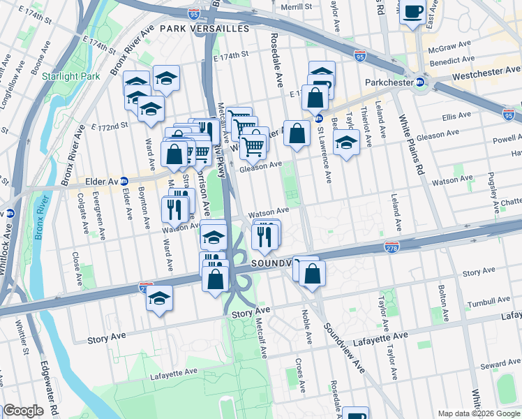 map of restaurants, bars, coffee shops, grocery stores, and more near in The Bronx