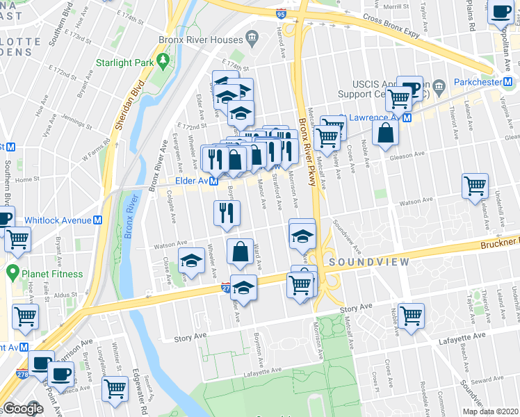 map of restaurants, bars, coffee shops, grocery stores, and more near in The Bronx