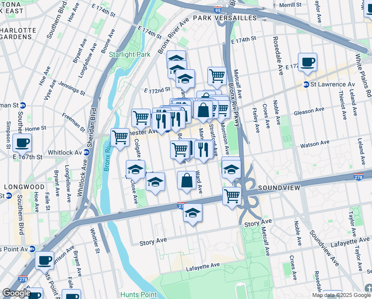 map of restaurants, bars, coffee shops, grocery stores, and more near 1115 Boynton Avenue in Bronx