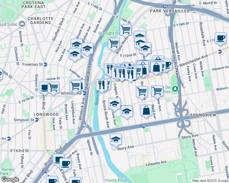 map of restaurants, bars, coffee shops, grocery stores, and more near 1148 Close Avenue in Bronx