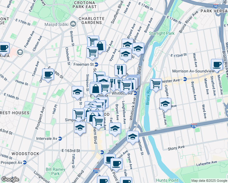 map of restaurants, bars, coffee shops, grocery stores, and more near in The Bronx