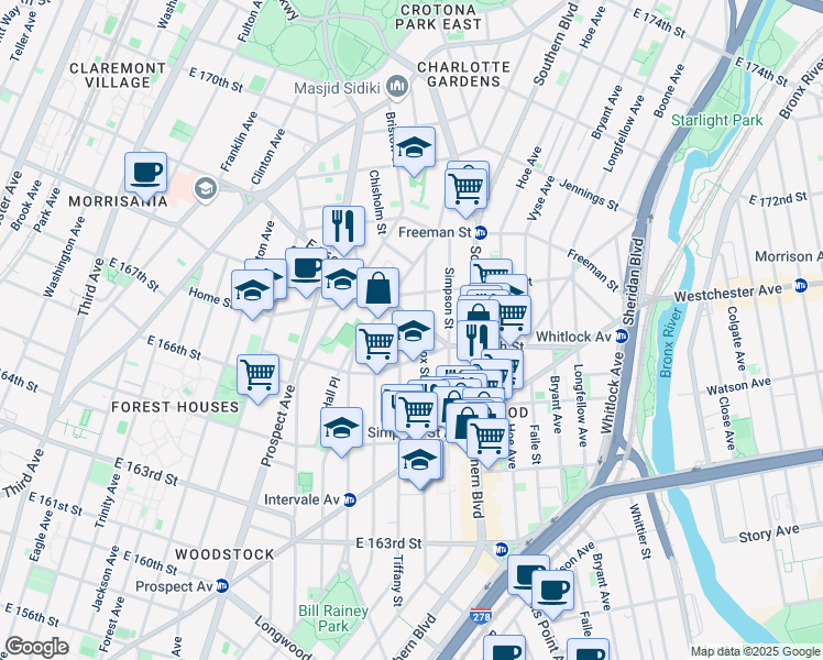 map of restaurants, bars, coffee shops, grocery stores, and more near 1107 Fox Street in The Bronx