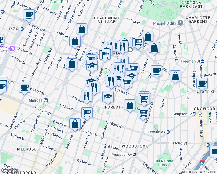map of restaurants, bars, coffee shops, grocery stores, and more near 1086 Boston Road in Bronx