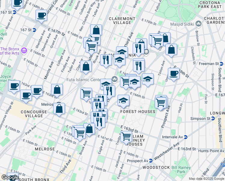 map of restaurants, bars, coffee shops, grocery stores, and more near 1074 Franklin Avenue in Bronx